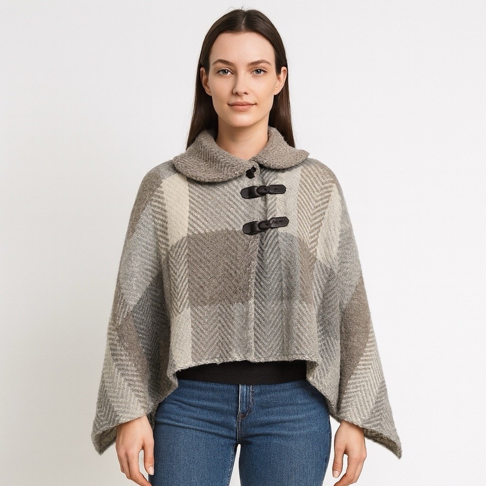 John Branigan Weavers Ireland Plaid Wool Cape Shawl Wrap Gray Tan‎ One Size